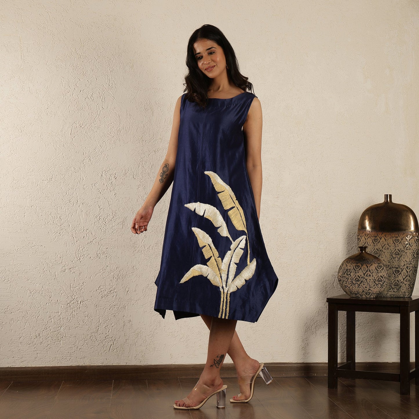 Blue Chanderi Embroidered Dress