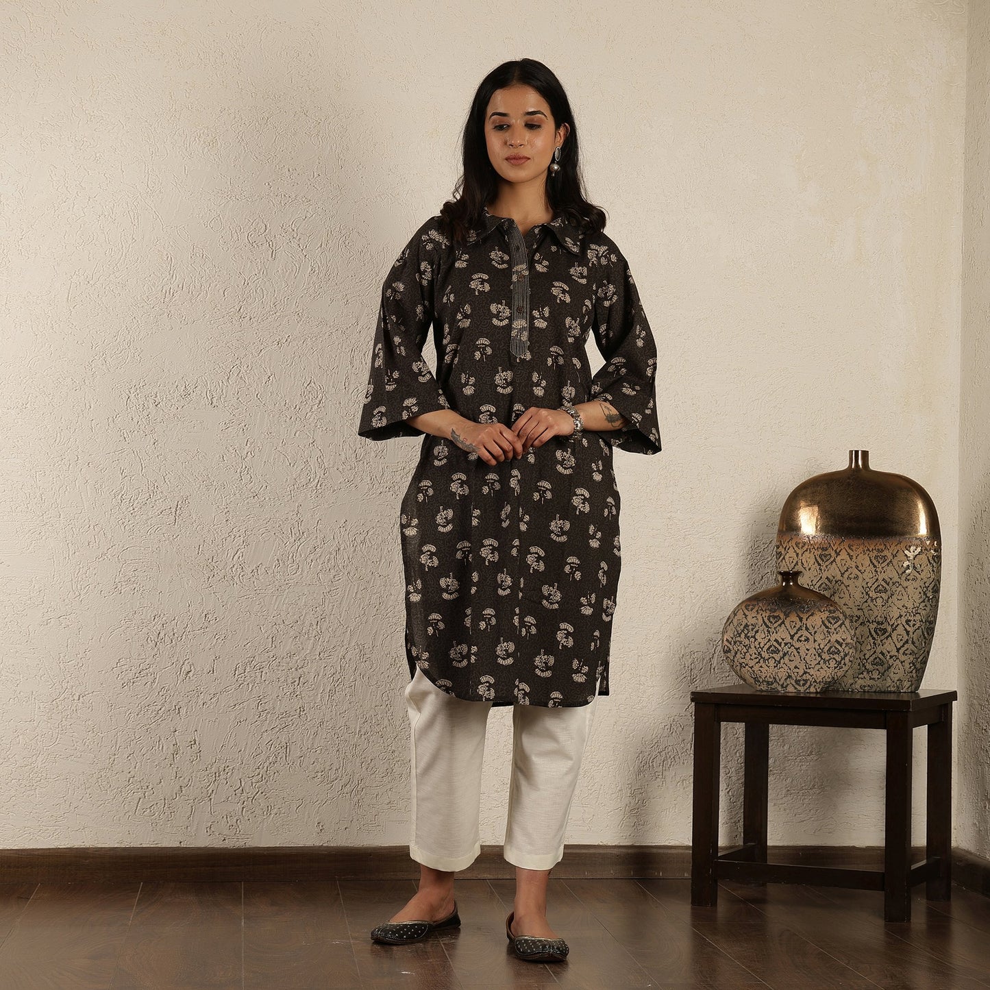 Black floral printed kurta