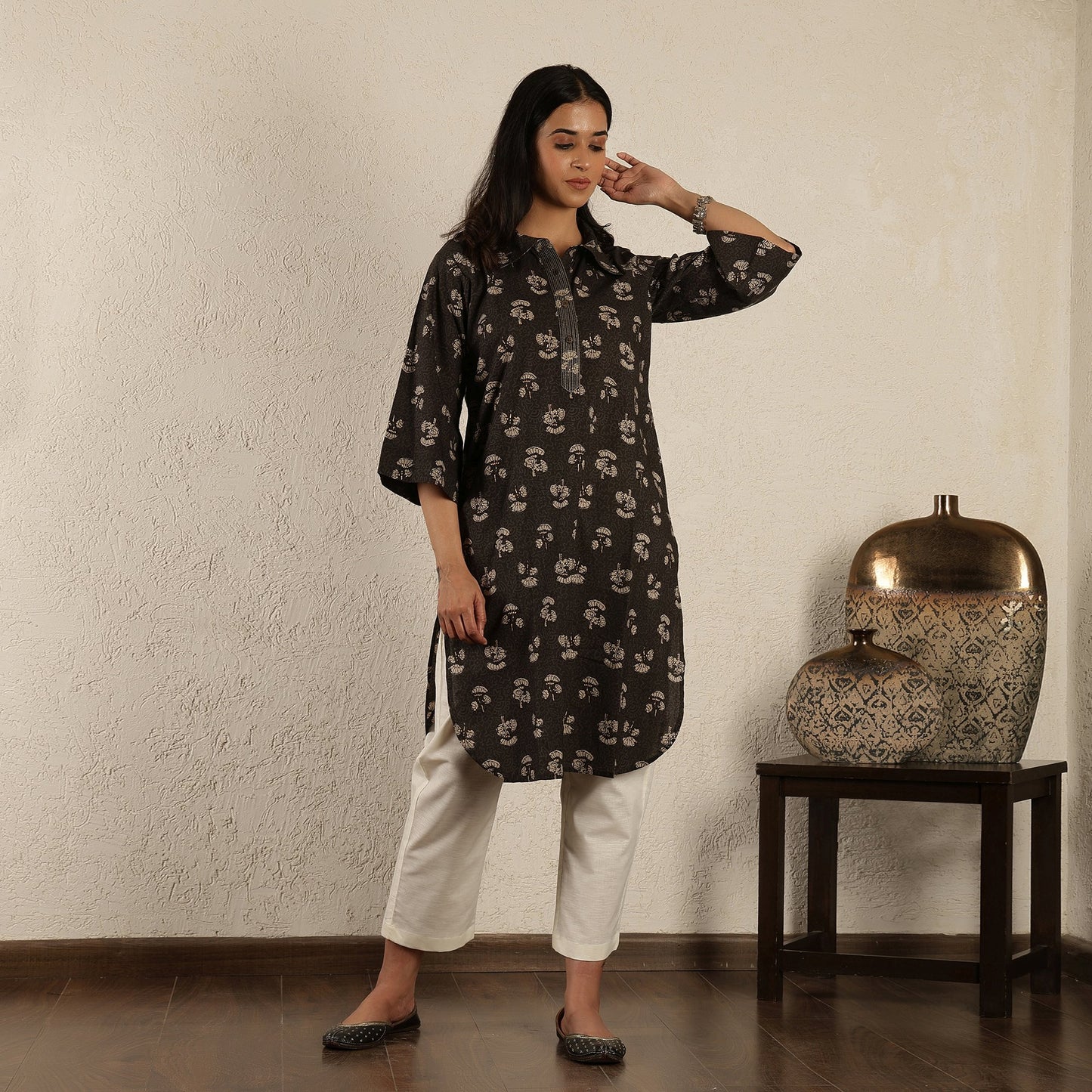 Black floral printed kurta