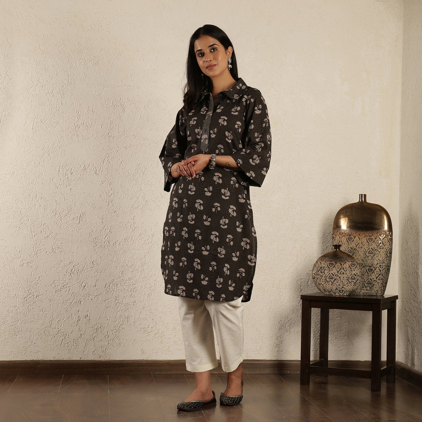Black floral printed kurta