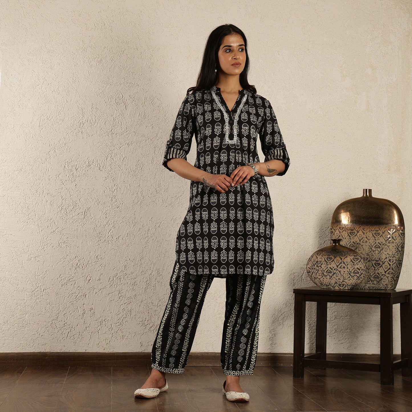 Black Printed Cotton Suit Set with Harem Pants