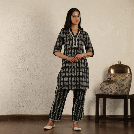 Black Printed Cotton Suit Set with Harem Pants