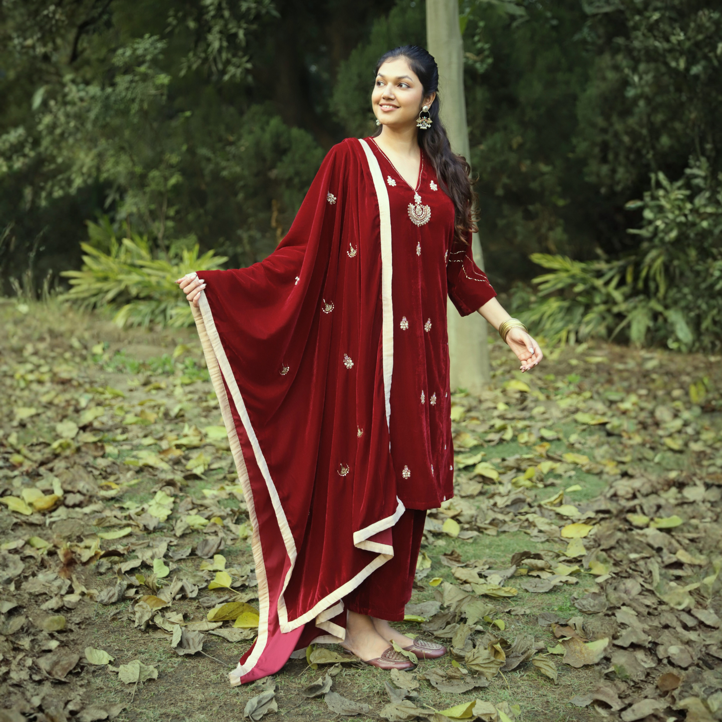 Red Velvet Hand embroidered Kurta Set with Velvet dupatta