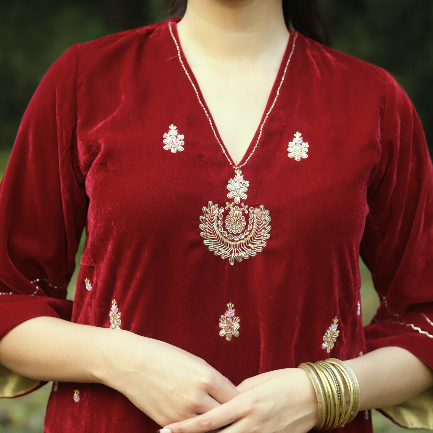 Red Velvet Hand embroidered Kurta Set