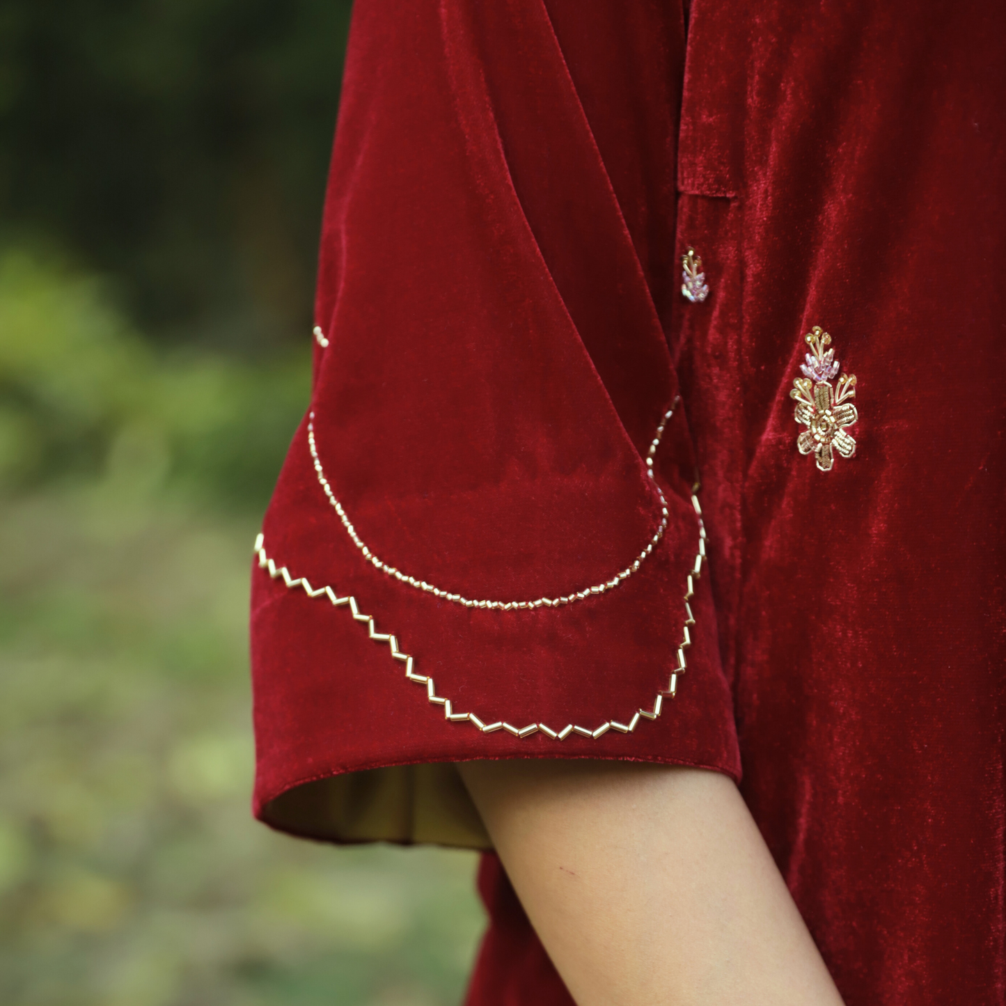 Red Velvet Hand embroidered Kurta Set with Velvet dupatta