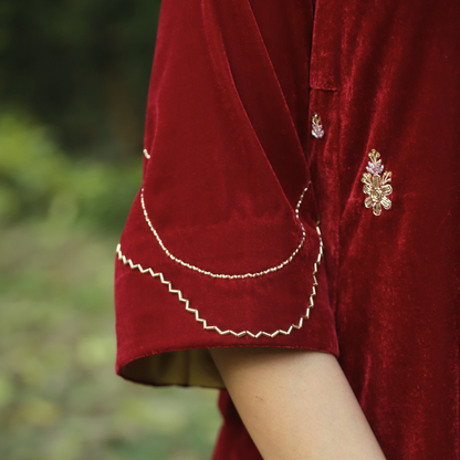 Red Velvet Hand embroidered Kurta Set with Velvet dupatta