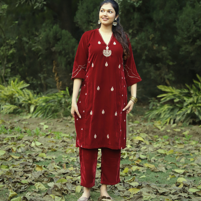 Red Velvet Hand embroidered Kurta Set