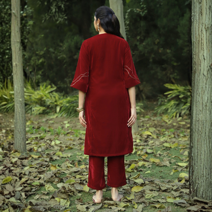 Red Velvet Hand embroidered Kurta Set