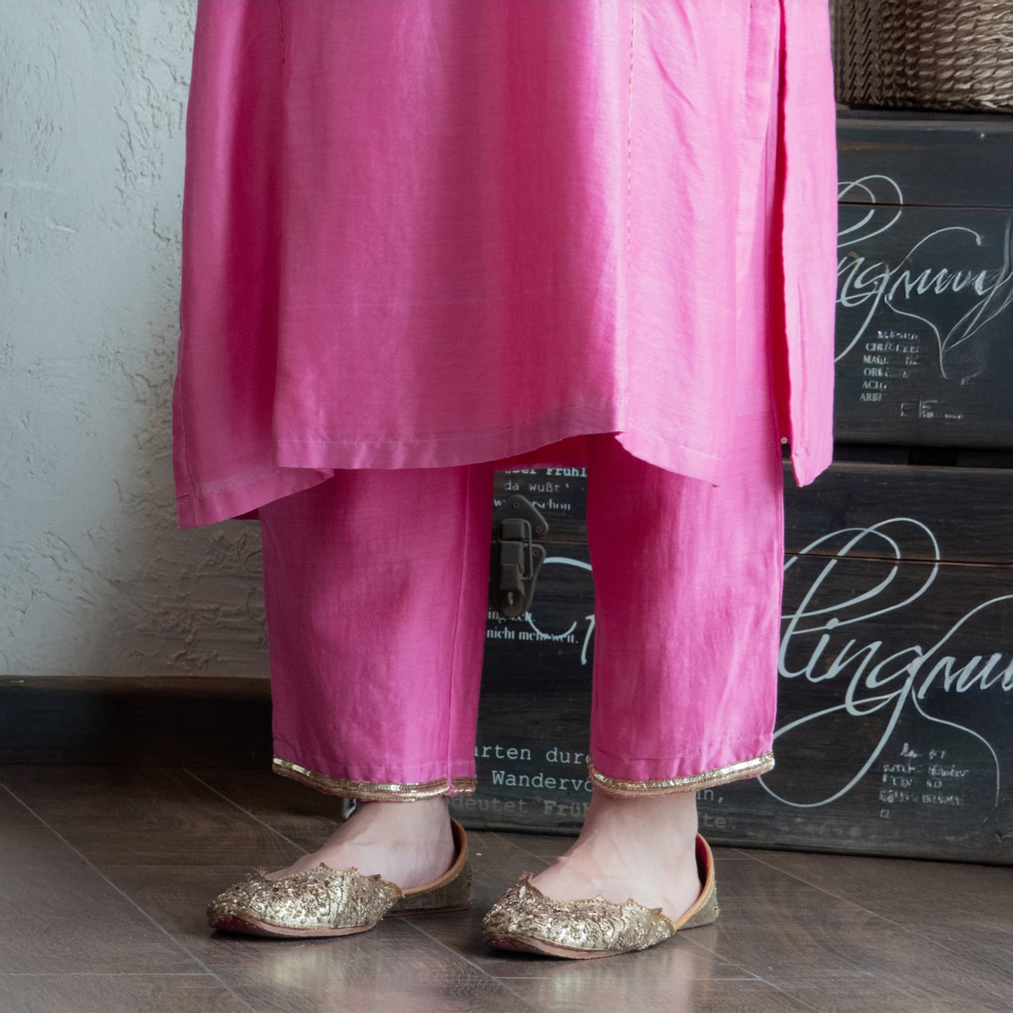 Pink embroidered kurta set with pants and dupatta