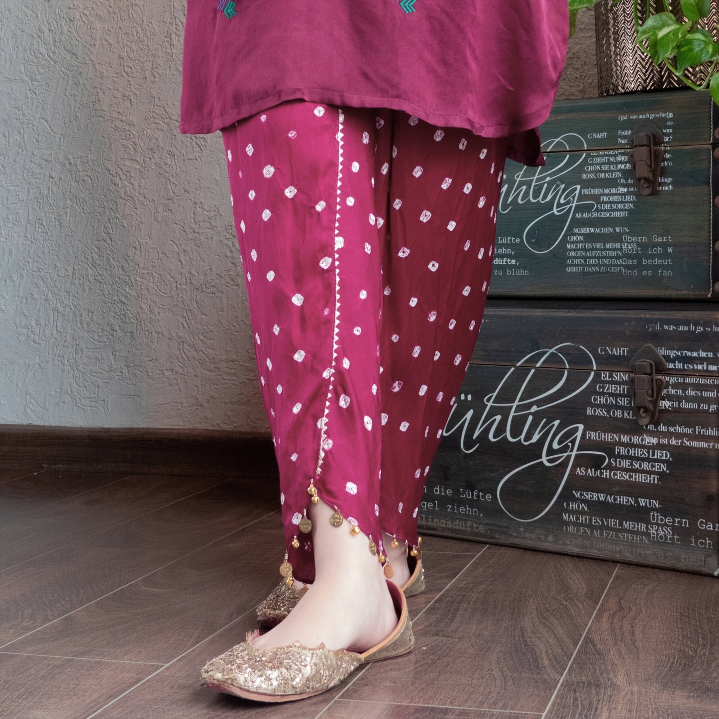 Wine Embroidered Kurta with Bandhani dhoti set
