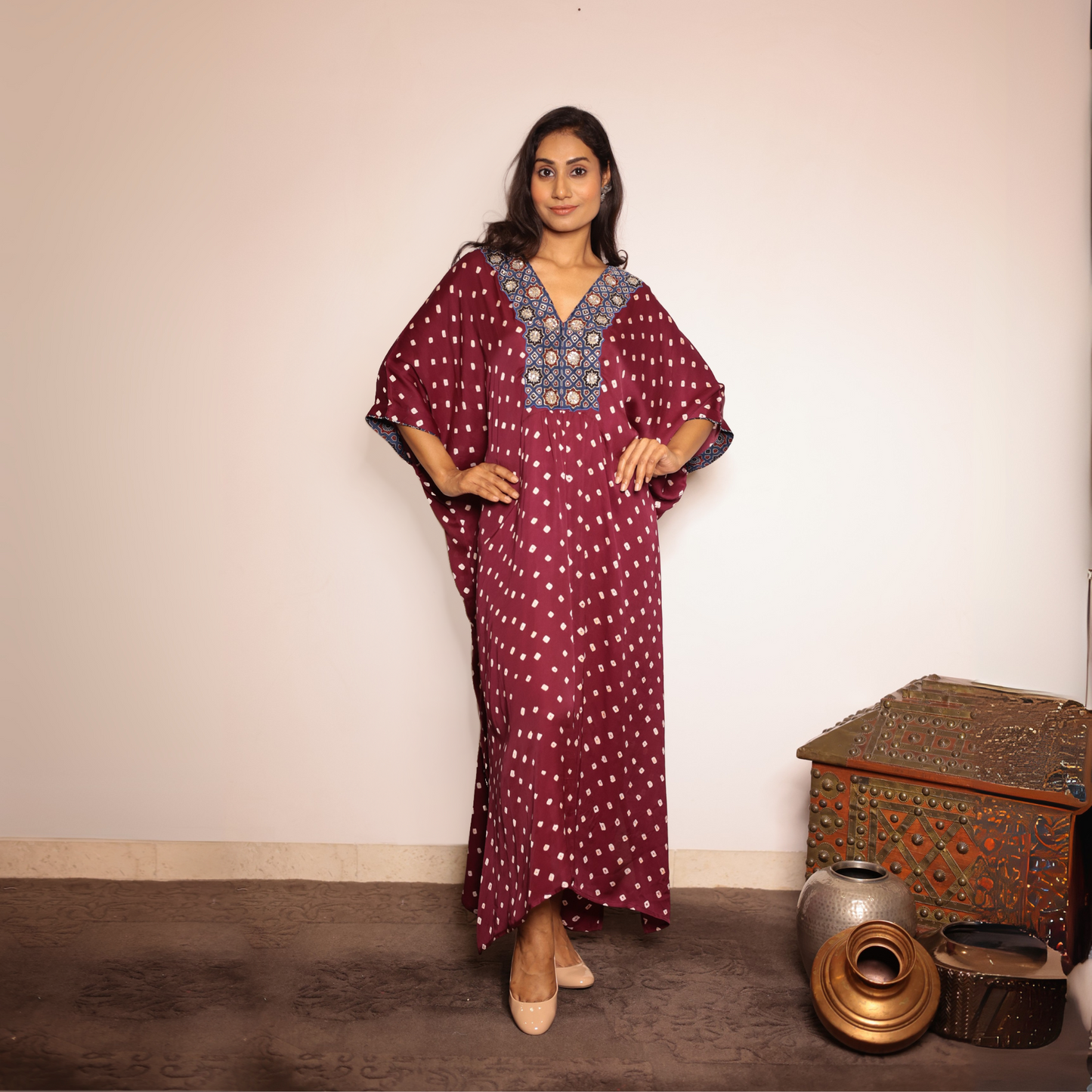 Wine Bandhani Modal Silk Kaftan