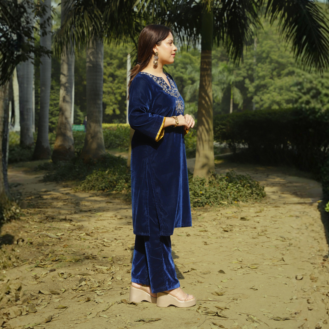 Blue Velvet Hand embroidered Kurta set with dupatta