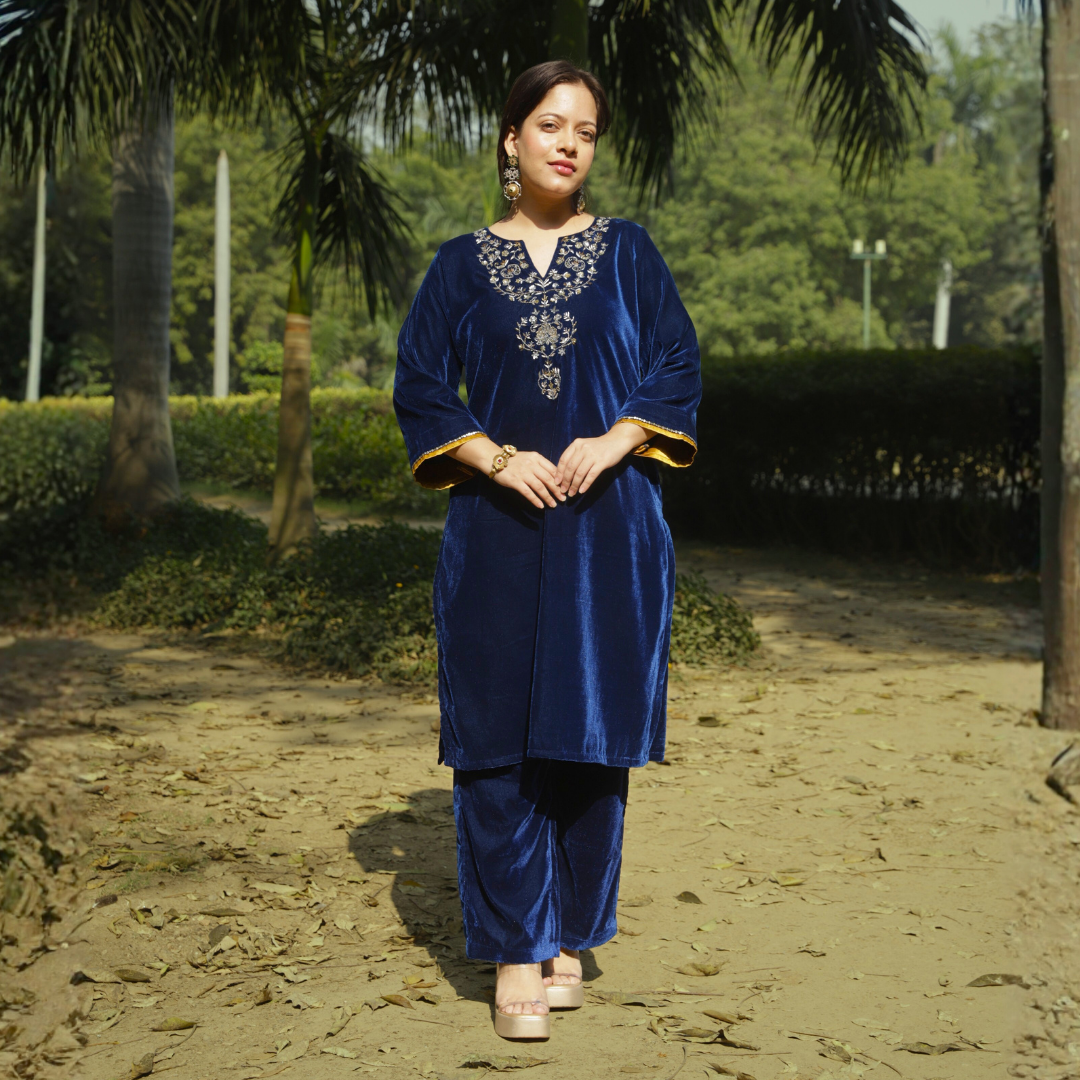Blue Velvet Hand embroidered Kurta set