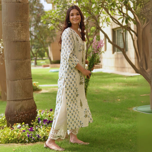 Blue A-line kali mughal printed Kurta