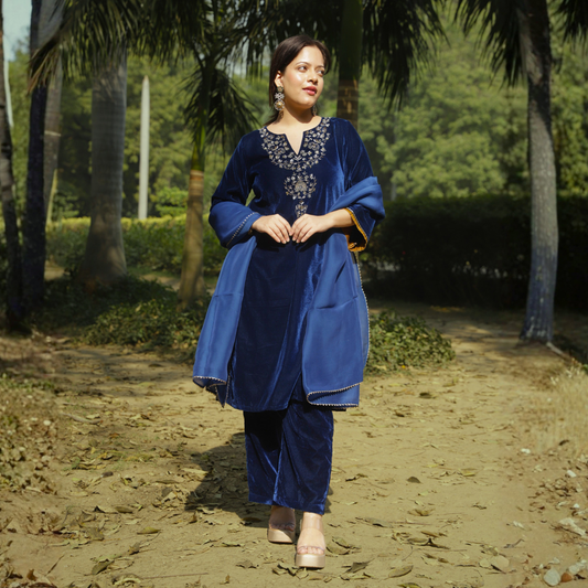 Blue Velvet Hand embroidered Kurta set with dupatta