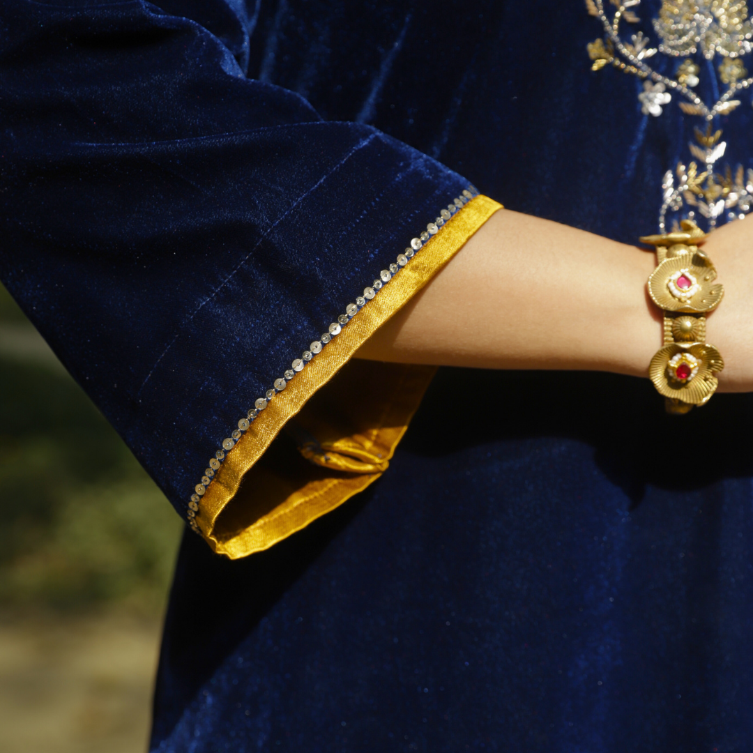 Blue Velvet Hand embroidered Kurta set