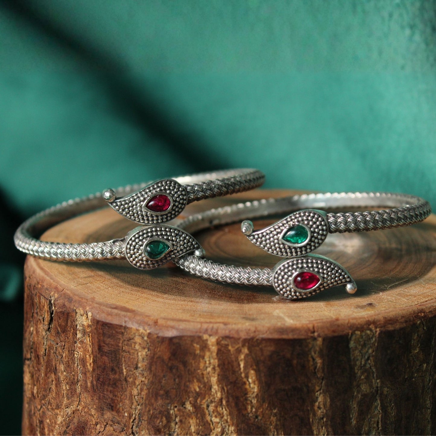 red and green Silver Oxidised Stone studded bangle