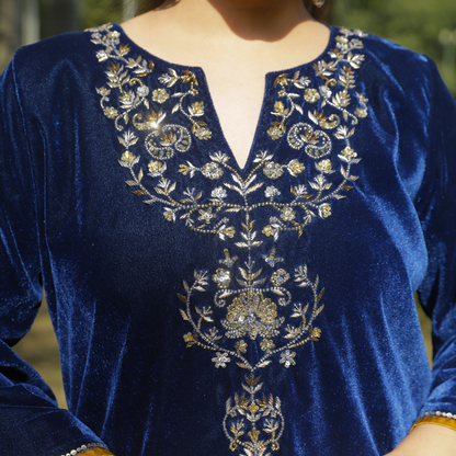Blue Velvet Hand embroidered Kurta set