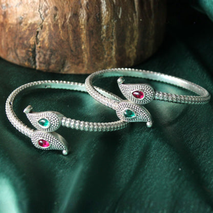 red and green Silver Oxidised Stone studded bangle
