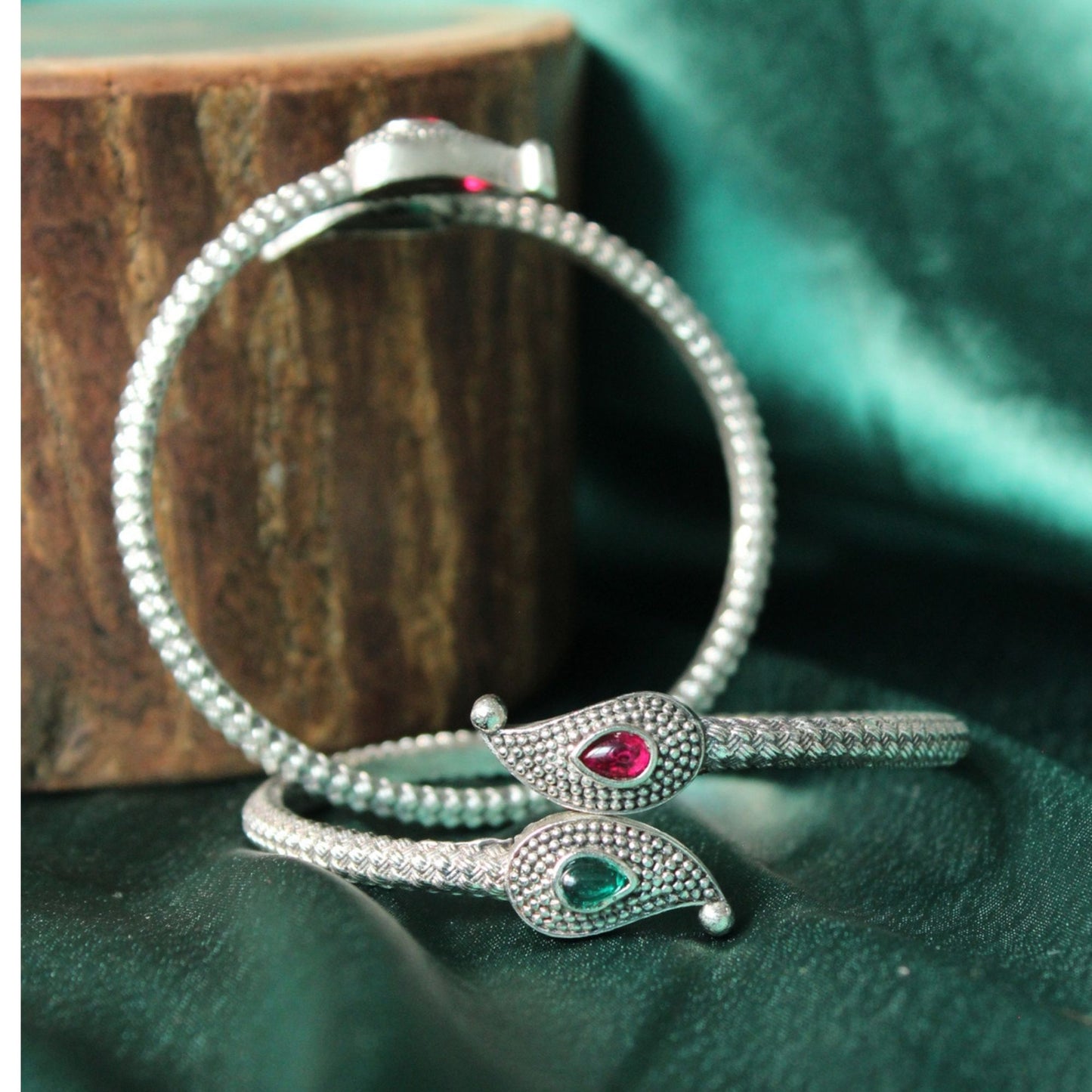red and green Silver Oxidised Stone studded bangle