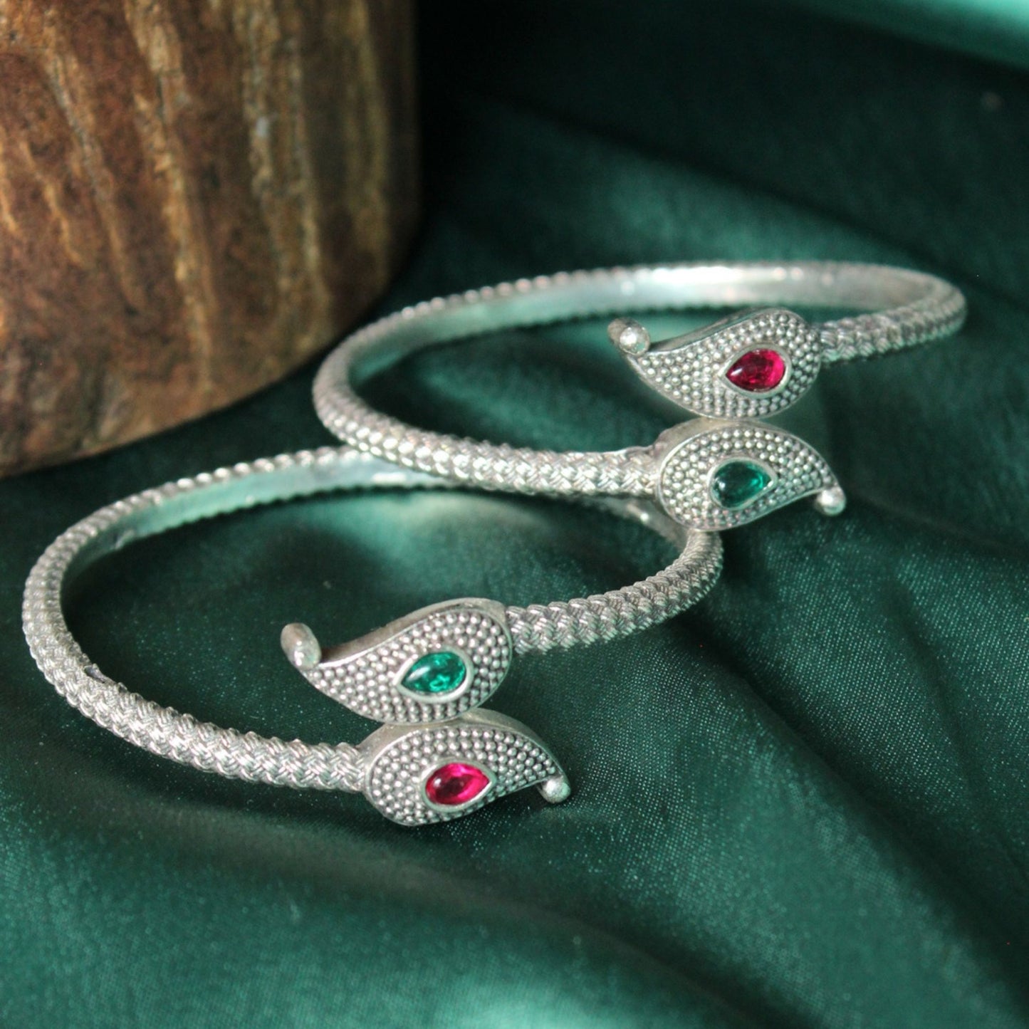 red and green Silver Oxidised Stone studded bangle