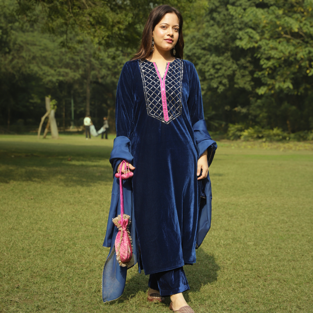 Blue Velvet Yoke Hand embroidered Kurta set with Dupatta