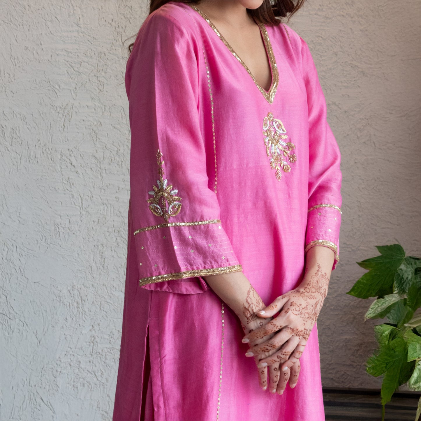 Pink embroidered kurta set with pants and dupatta