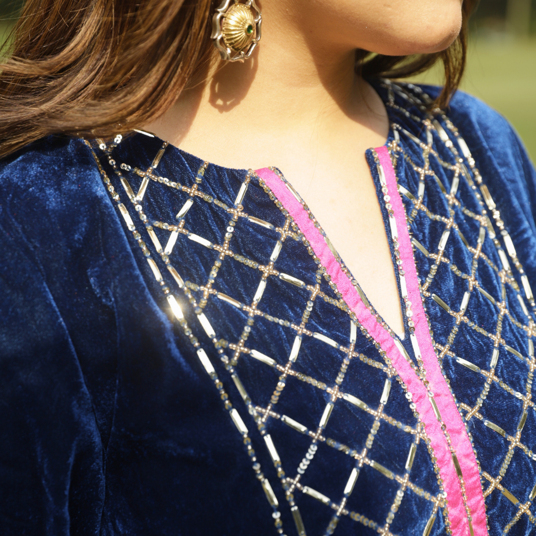 Blue Velvet Yoke Hand embroidered Kurta set