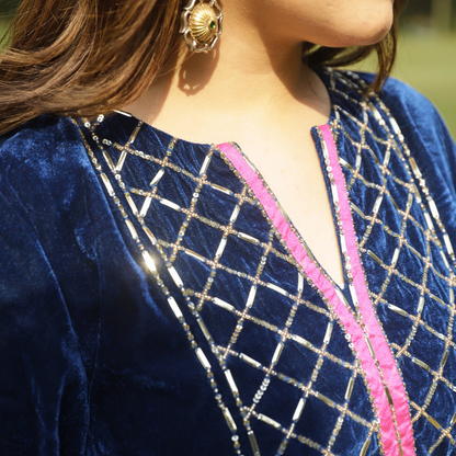 Blue Velvet Yoke Hand embroidered Kurta set