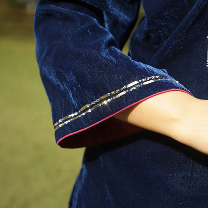 Blue Velvet Yoke Hand embroidered Kurta set with Dupatta