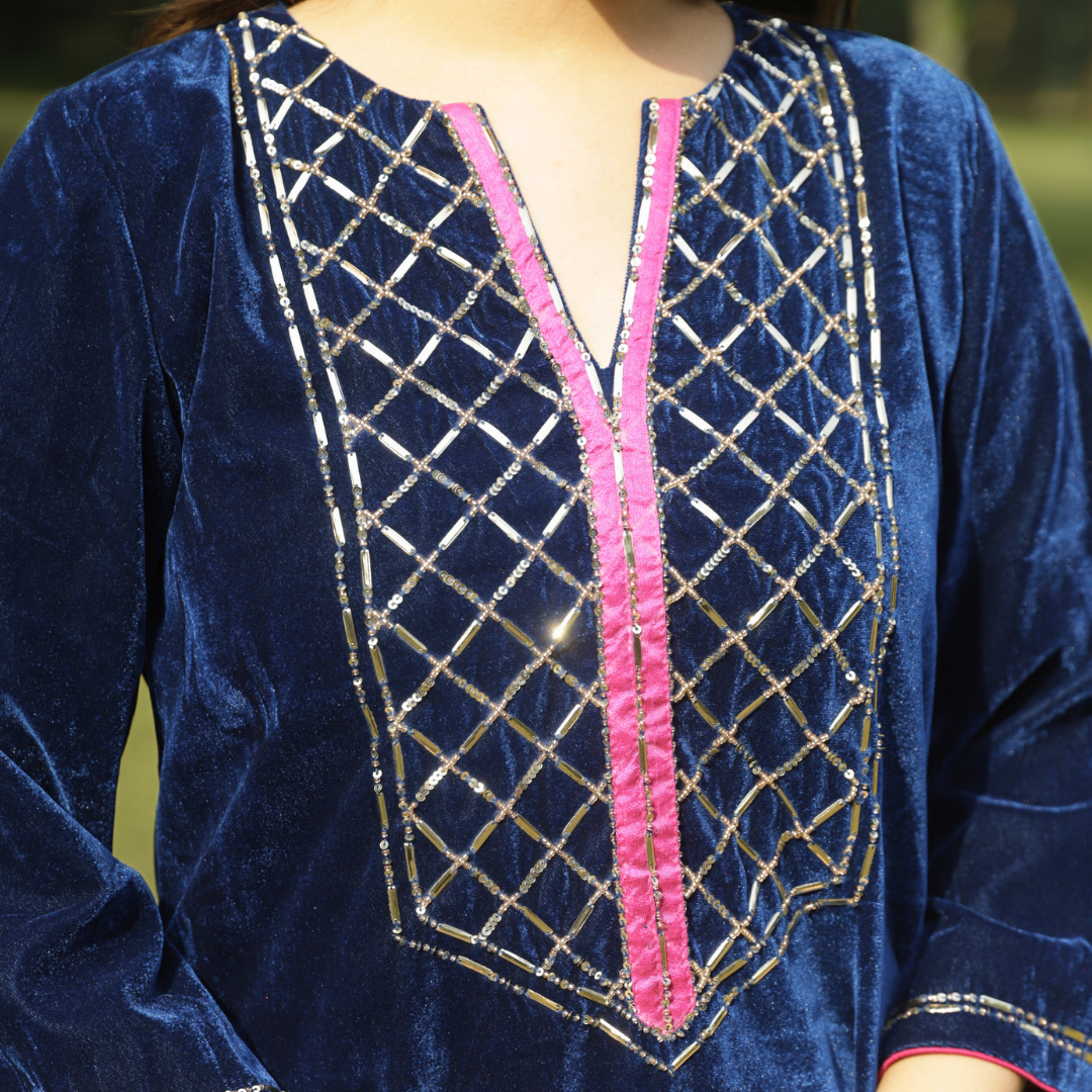 Blue Velvet Yoke Hand embroidered Kurta set