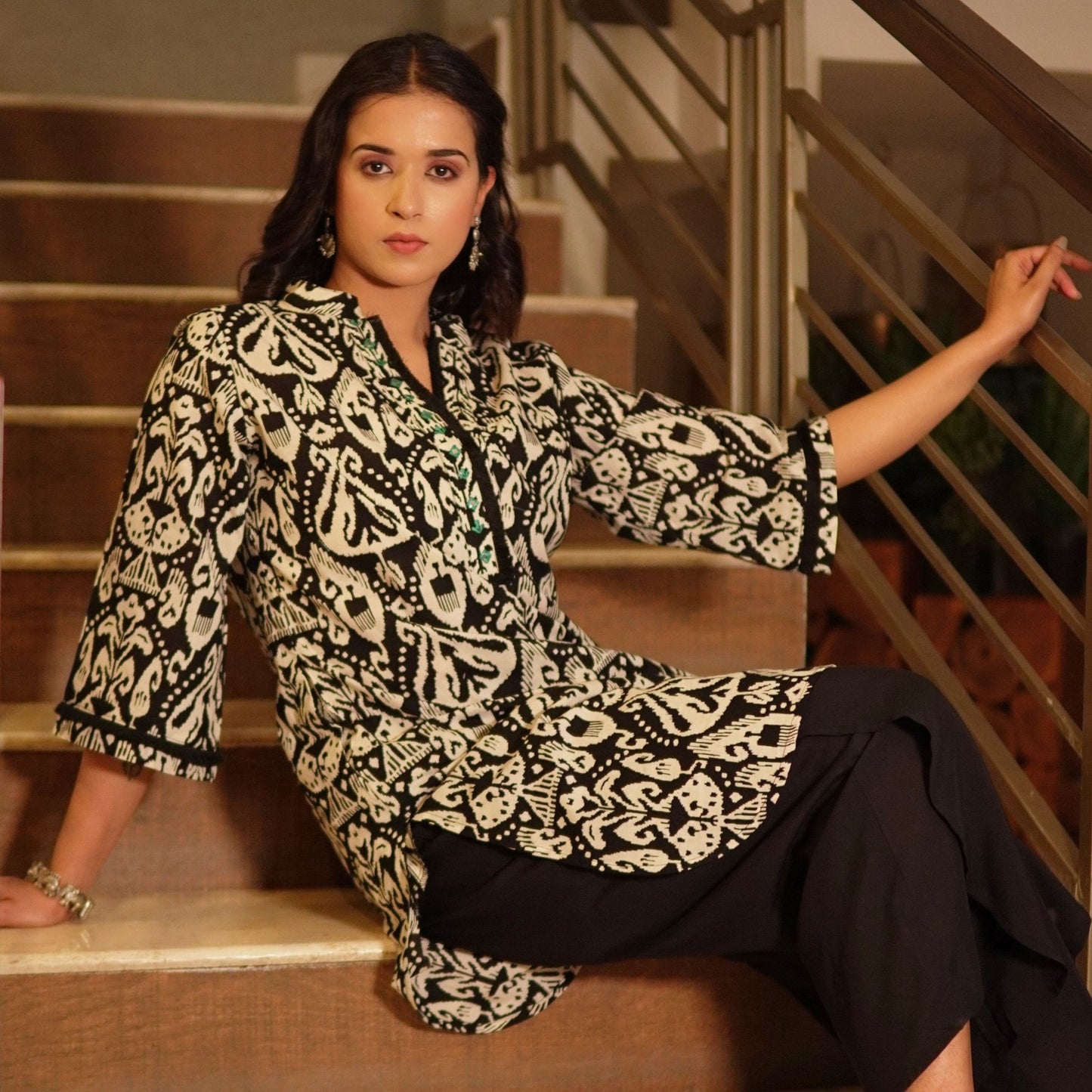 Black ikat printed kurta with overlapped pants