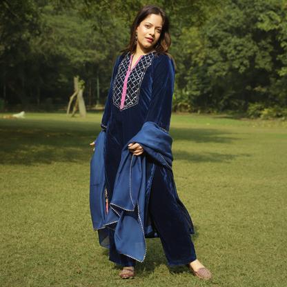 Blue Velvet Yoke Hand embroidered Kurta set with Dupatta