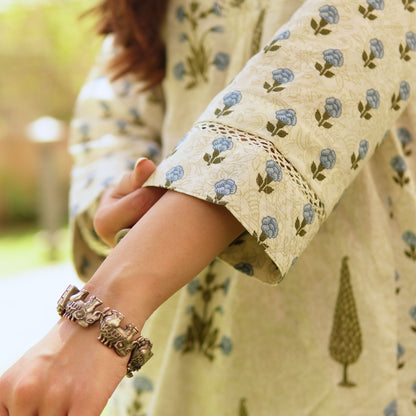 Blue A-line kali mughal printed Kurta set