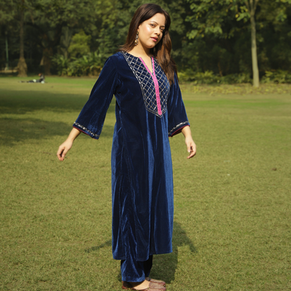 Blue Velvet Yoke Hand embroidered Kurta set with Dupatta