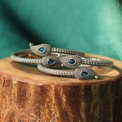 blue Silver Oxidised Stone studded bangle