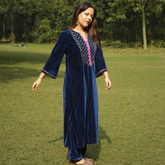 Blue Velvet Yoke Hand embroidered Kurta set