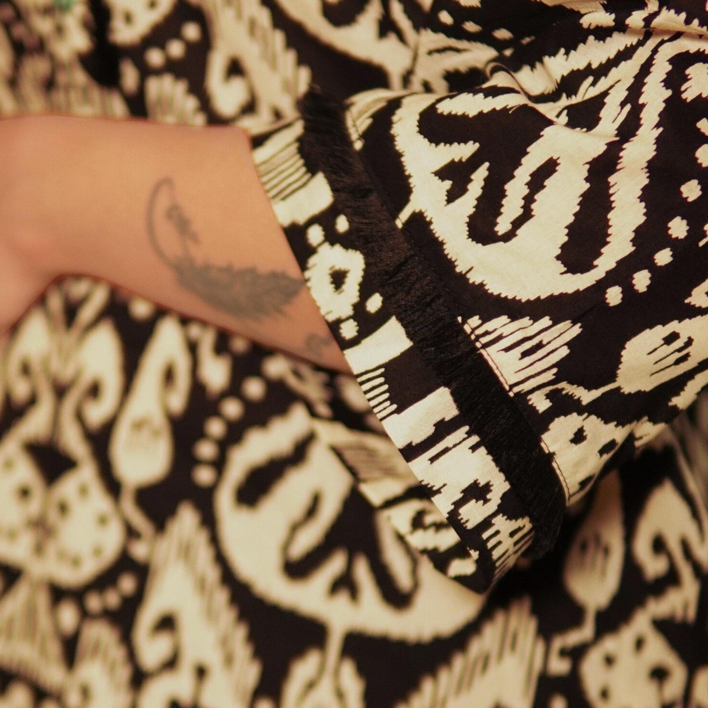 Black ikat printed kurta with overlapped pants