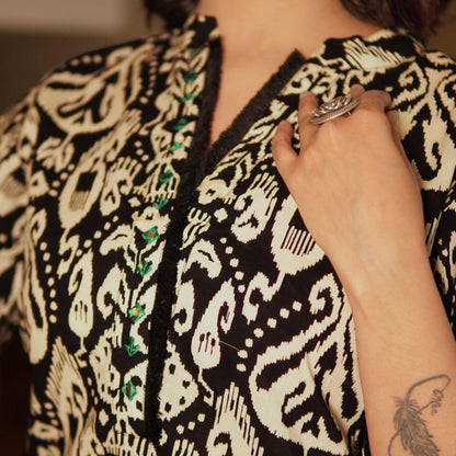 Black ikat printed kurta with overlapped pants