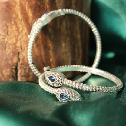 blue Silver Oxidised Stone studded bangle
