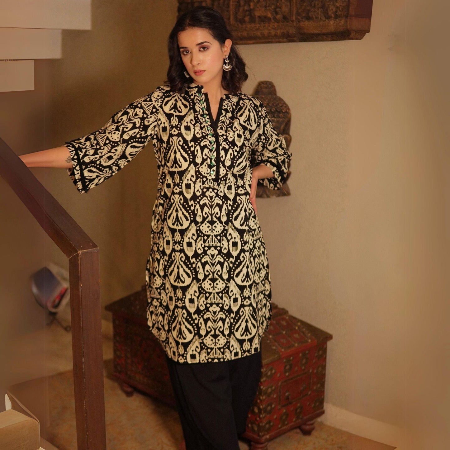 Black ikat printed kurta with overlapped pants