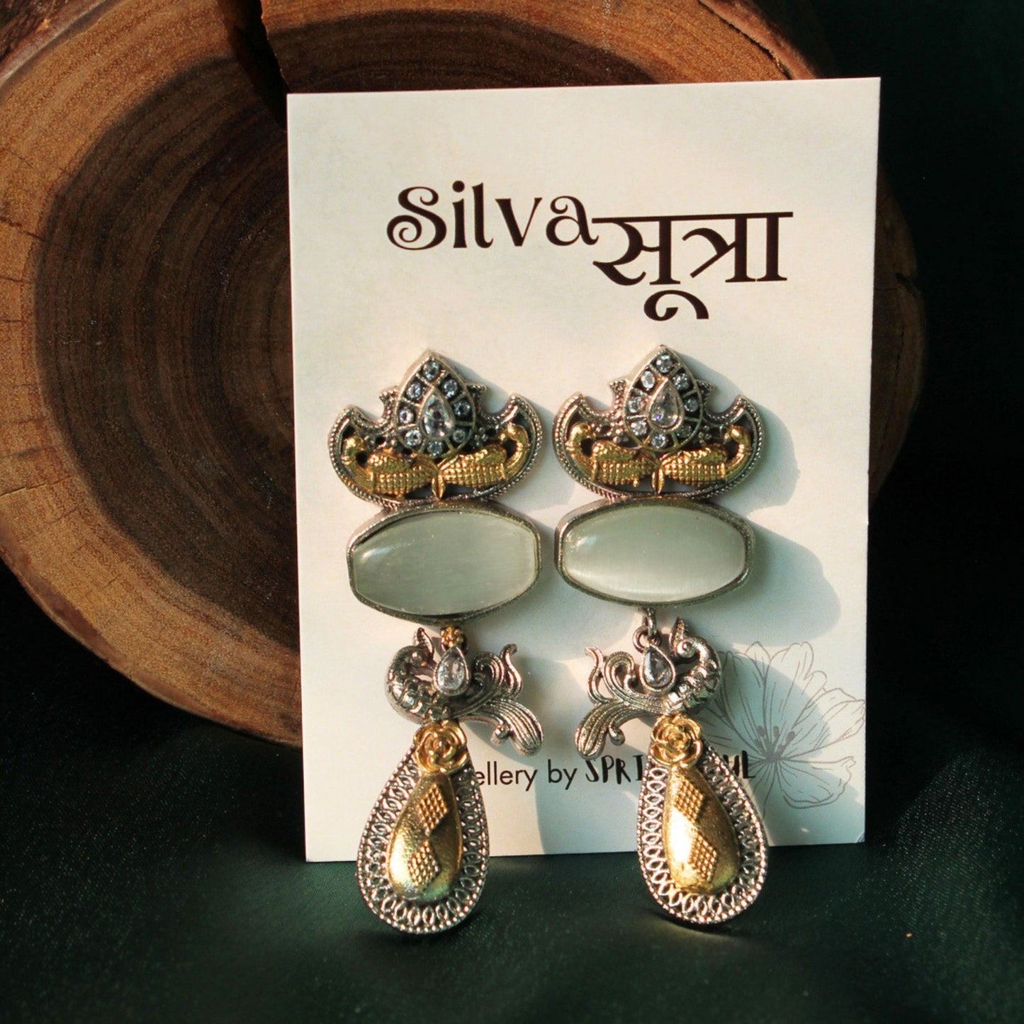 Grey Dual Tone Stone Brass Drop Earrings