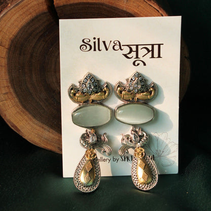 Grey Dual Tone Stone Brass Drop Earrings