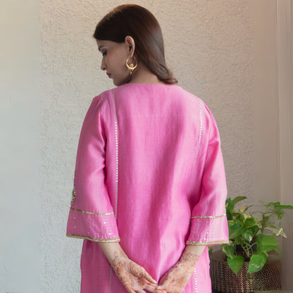 Pink embroidered kurta set with pants and dupatta