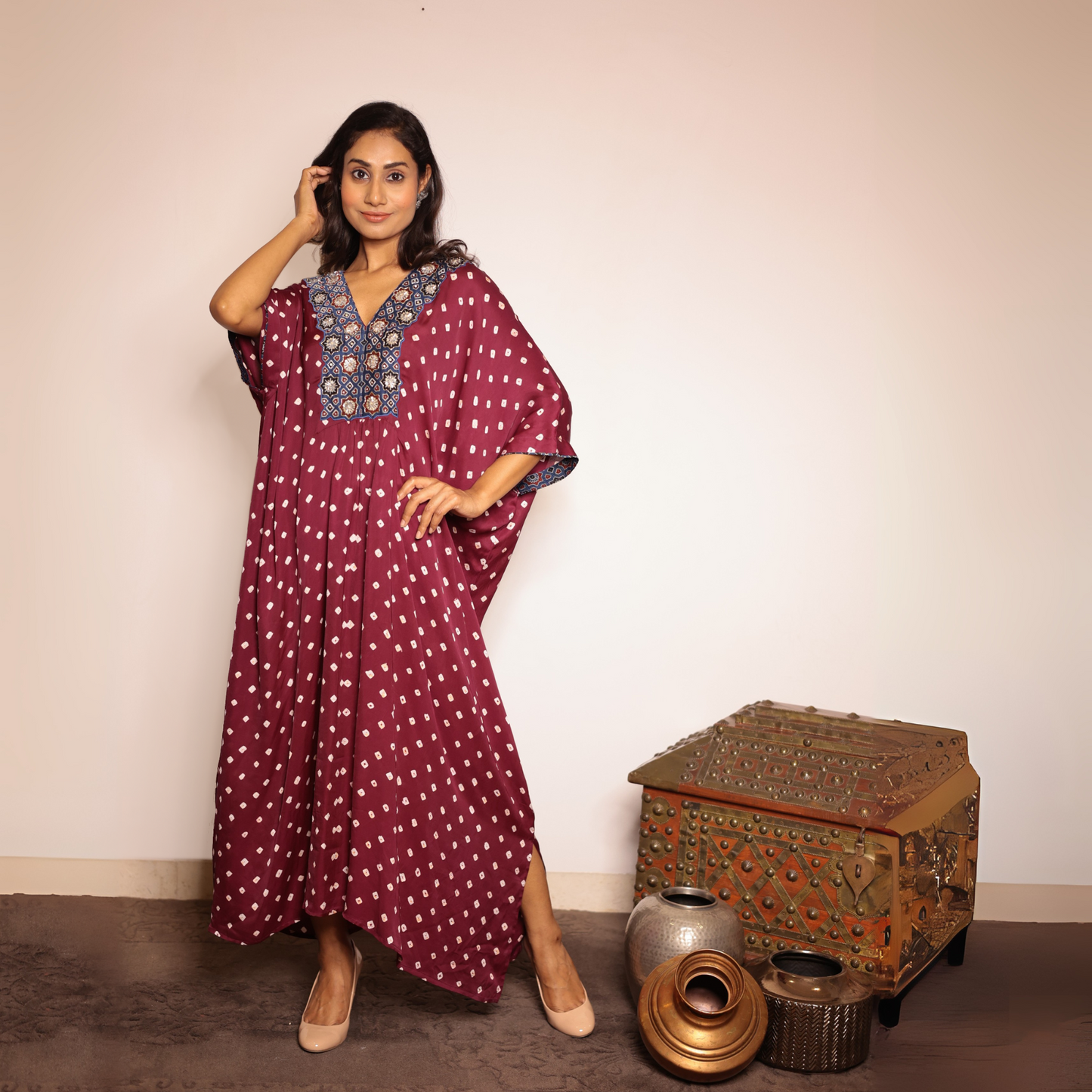 Wine Bandhani Modal Silk Kaftan