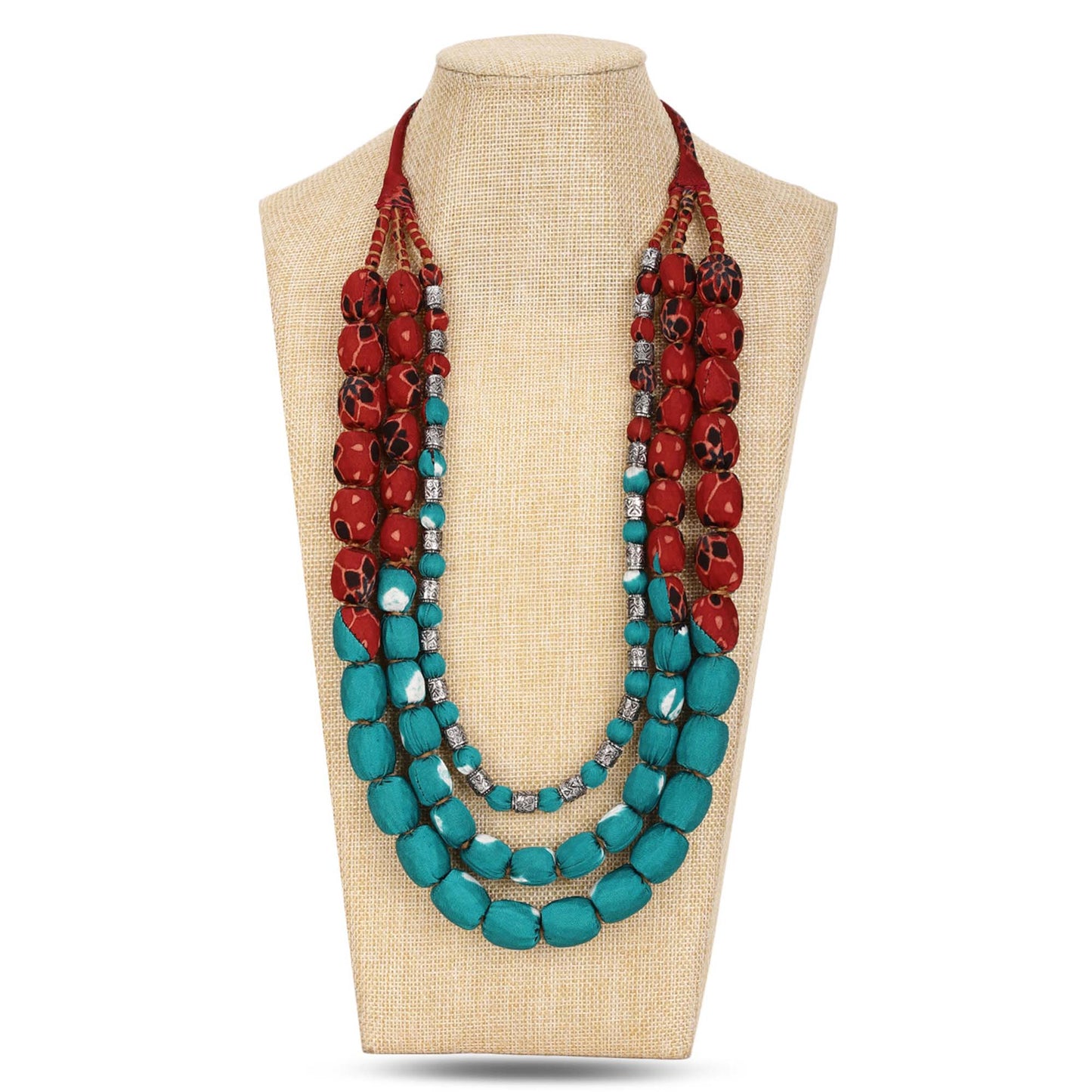 3 layer fabric beaded necklace in ajrakh & bandhni
