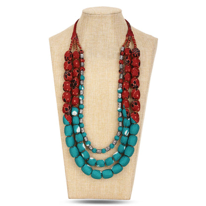 3 layer fabric beaded necklace in ajrakh & bandhni