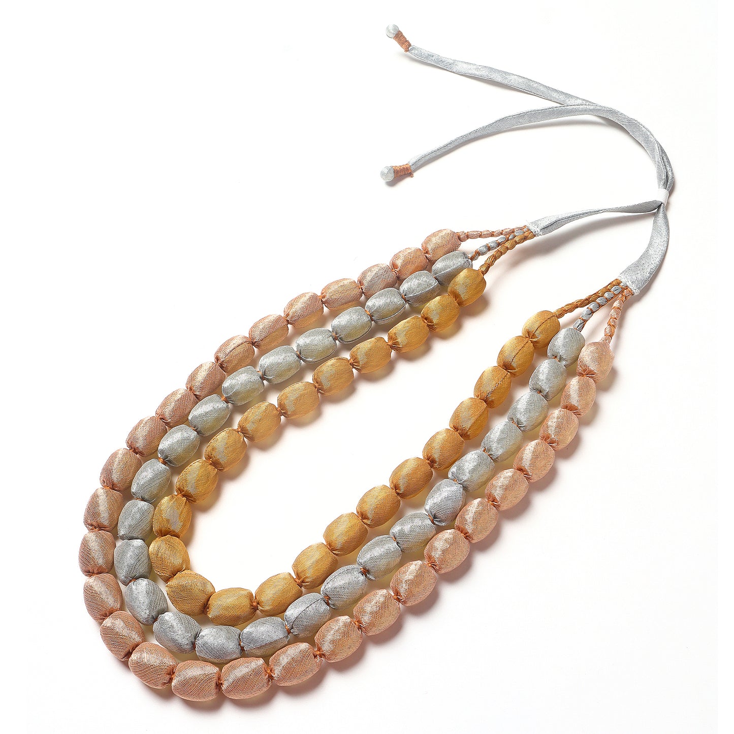3 layer fabric beaded necklace in metallic tones