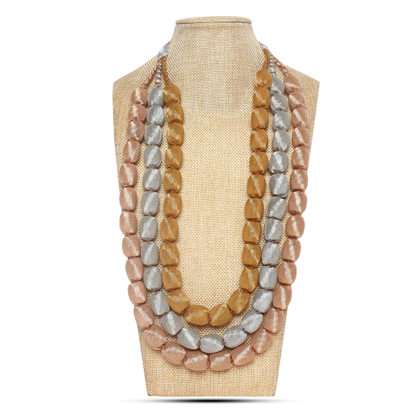 3 layer fabric beaded necklace in metallic tones