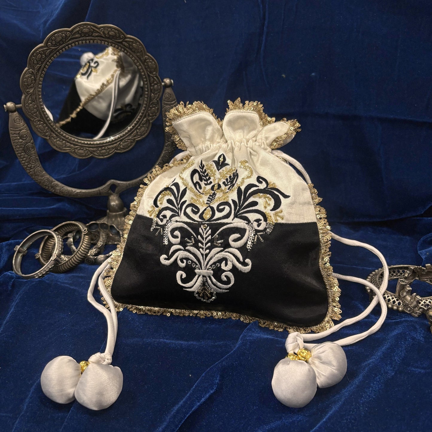 Black & white hand embroidered potli